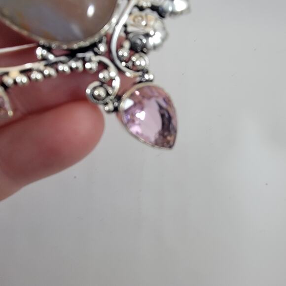 Handmade Silver Pendant with Moon Agate and Pink Topaz Accents - Picture 3 of 10
